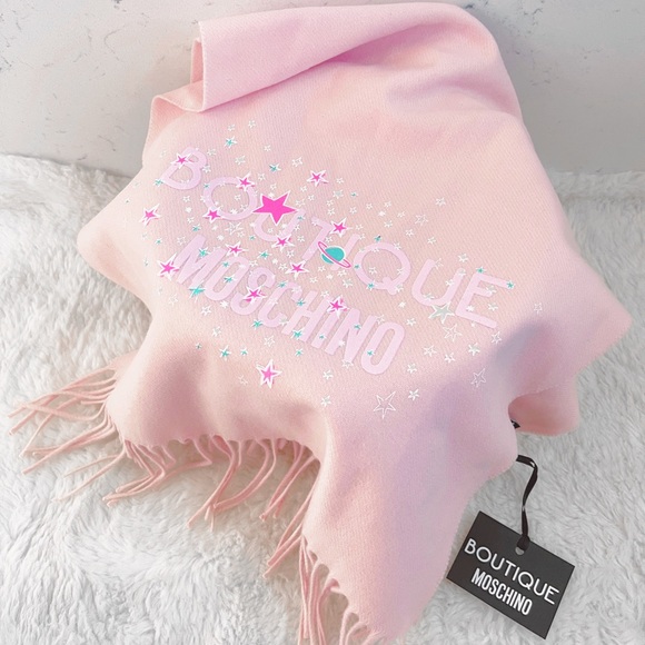 Authentic Moschino XL Merino Wool Baby Pink Pastel Star Logo Scarf - Picture 2 of 11